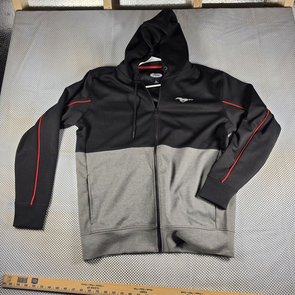 Ford Mustang Men’s Full Zip Hoodie Jacket Size L Black Gray Red Pony Logo